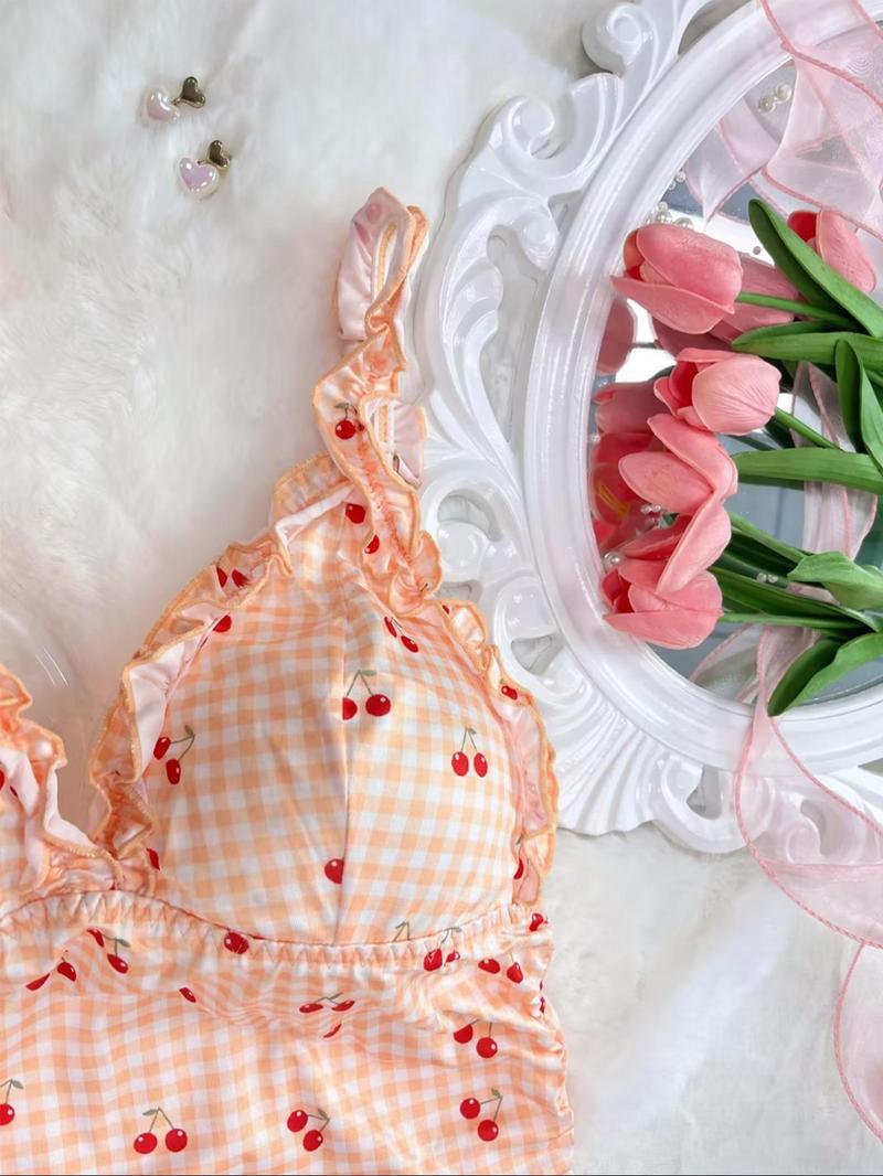 Women's Gingham & Cherry Print Frill Trim Ruched Ruffle Hem Cami Nightdress, Casual Soft Comfortable V Neck Backless Nightgown for Summer, Fashion Ladies' Sleepwear for Daily Wear