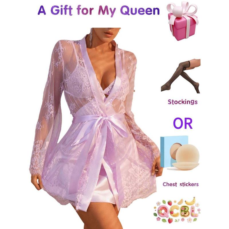 Women's Sexy 2-Piece Lingerie Set |   Babydoll & Lace Kimono Robe |   Mesh Sleep Dress With Gown |   Valentine's Day Gift |   Free Accessories Included Satin Womenswear Bra Elegance Embroidery Everyday