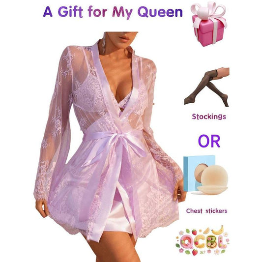 Women's Sexy 2-Piece Lingerie Set |   Babydoll & Lace Kimono Robe |   Mesh Sleep Dress With Gown |   Valentine's Day Gift |   Free Accessories Included Satin Womenswear Bra Elegance Embroidery Everyday