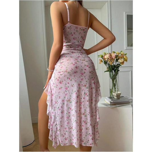 Women's Floral Babydoll Lingerie Dress High Slit Ruffle Long Nightgown with Thong dealsforyoudays
