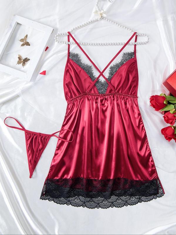 Women's Contrast Lace Criss Cross Backless Cami Nightdress, Split Hem Spaghetti Strap Nightgown, Women's Sleepwear for Summer