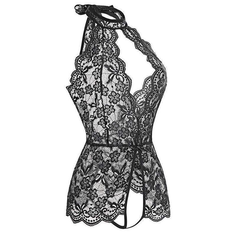 Women's Sexy Red Lace Open-End Jumpsuit – Seductive Sleepwear | Sultry Intimate Wear, Vibrant Red Lace Design, Perfect for Alluring Nights & Themed Occasions like Halloween, Combining Style with Seductive Appeal Fabric Floral