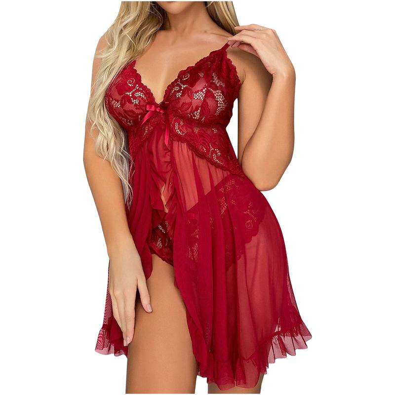 Women's Sheer Mesh Floral Lace Chemise Nightgown Babydoll Nightwear Dress Sexy V-Neck Camisole Dress Sleepwear Nightdress Matching Elegant Polyester Fabric Loungewear Skirt F Bridal airy Comfy Womenswear Basic Minimalist Purple