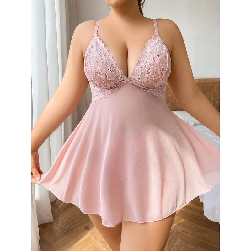 Plus Size Lace Splicing Mesh Sleeveless Dress Wireless And Thong Set, 2pcs Fabric Womenswear