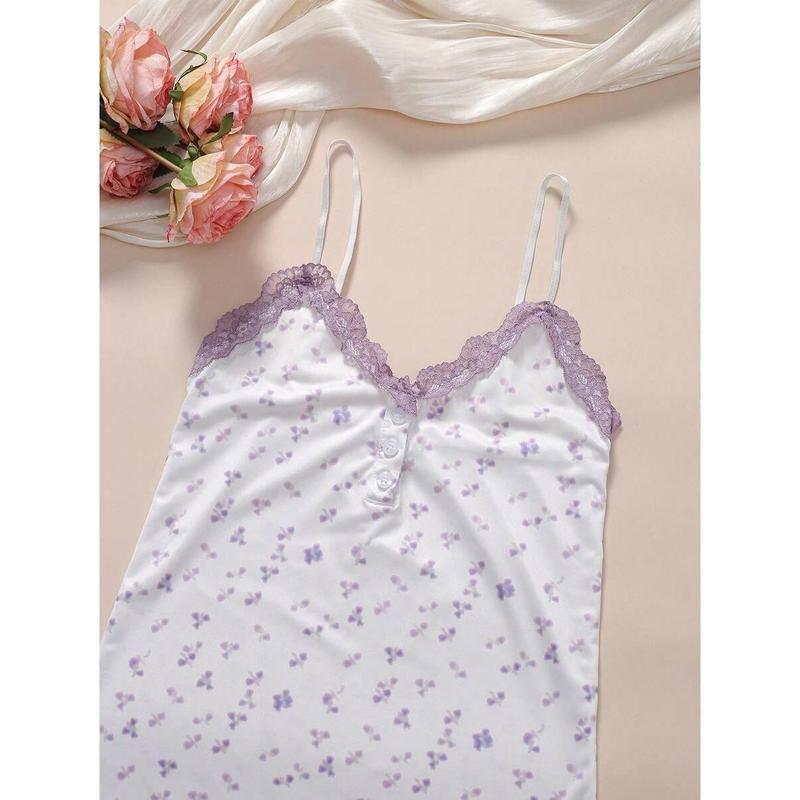 2 Pieces Women Sexy Purple Ditsy Floral Adjustable Strap Lace Patchwork Bow Bodycon Mini Nightgown Sleeve Womenswear Loungewear Nightwear Slip Sleeveless White
