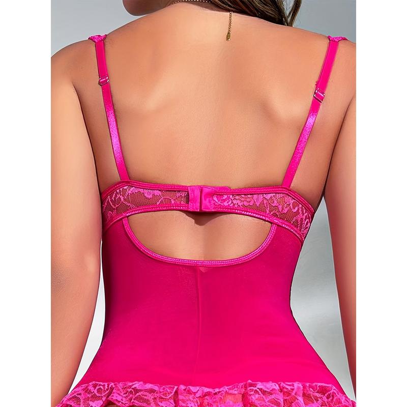 High-end lace underwear set for women: sexy pajamas, nightgown, hollowed-out + sexy thong + stockings = 3-piece set (with underwire) Lingerie Womenswear Elegance Elegant