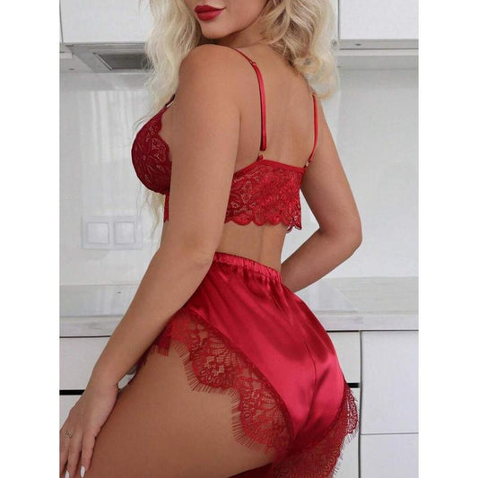 Contrast Lace Satin Bra & Boyshorts Lingerie Set Piece Womenswear Pink French Elegant Basic