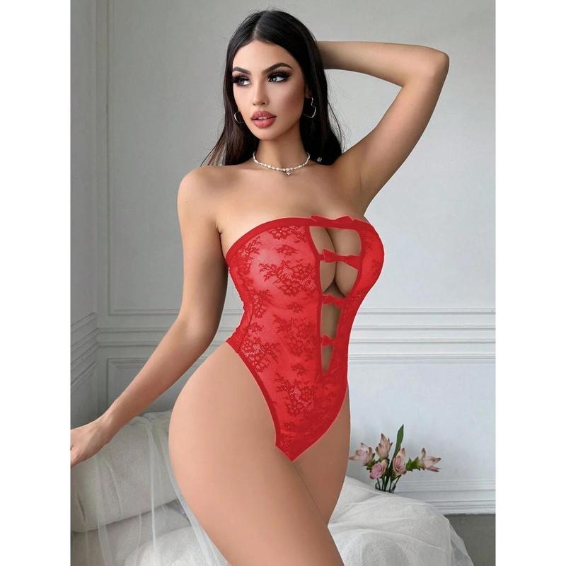 Classic Sexy Women Bow Decor Hollow-Out Sexy Lace Jumpsuit Womenswear Bodysuits Piece Sheer Tops Fabric Red Short