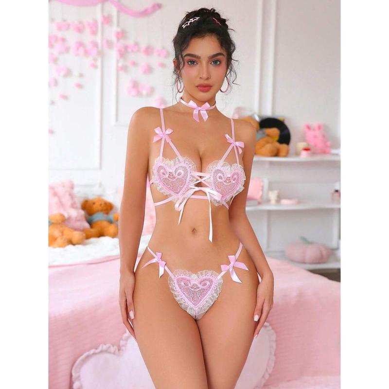 2 Pieces Of Women's Sexy Pink Mesh Lace Heart Bow Pajamas Set Sexy Lingerie Fabric Tops