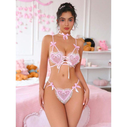 2 Pieces Of Women's Sexy Pink Mesh Lace Heart Bow Pajamas Set Sexy Lingerie Fabric Tops
