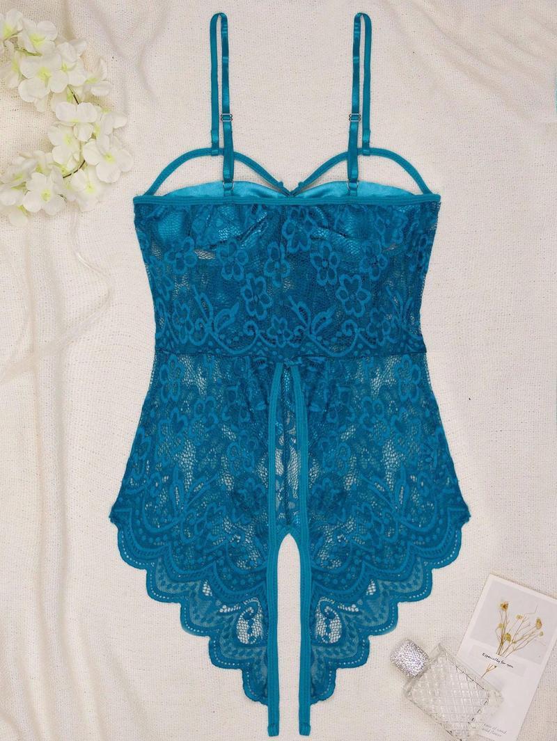 Women's Green Lace Sheer Open Crotch Bodysuit Lingerie for Sexy Wear Polyester Basic