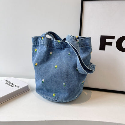 Denim embroidered bucket bag