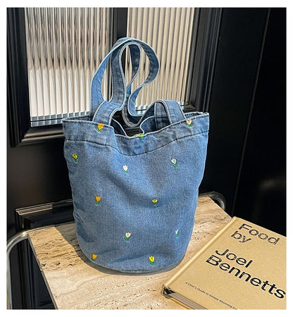 Denim embroidered bucket bag