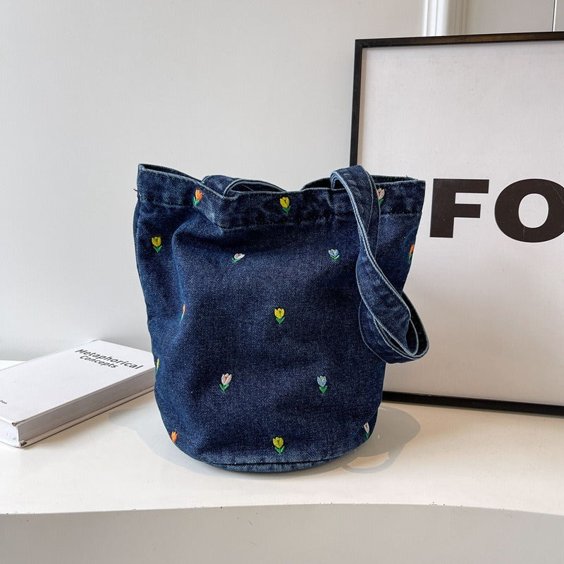 Denim embroidered bucket bag