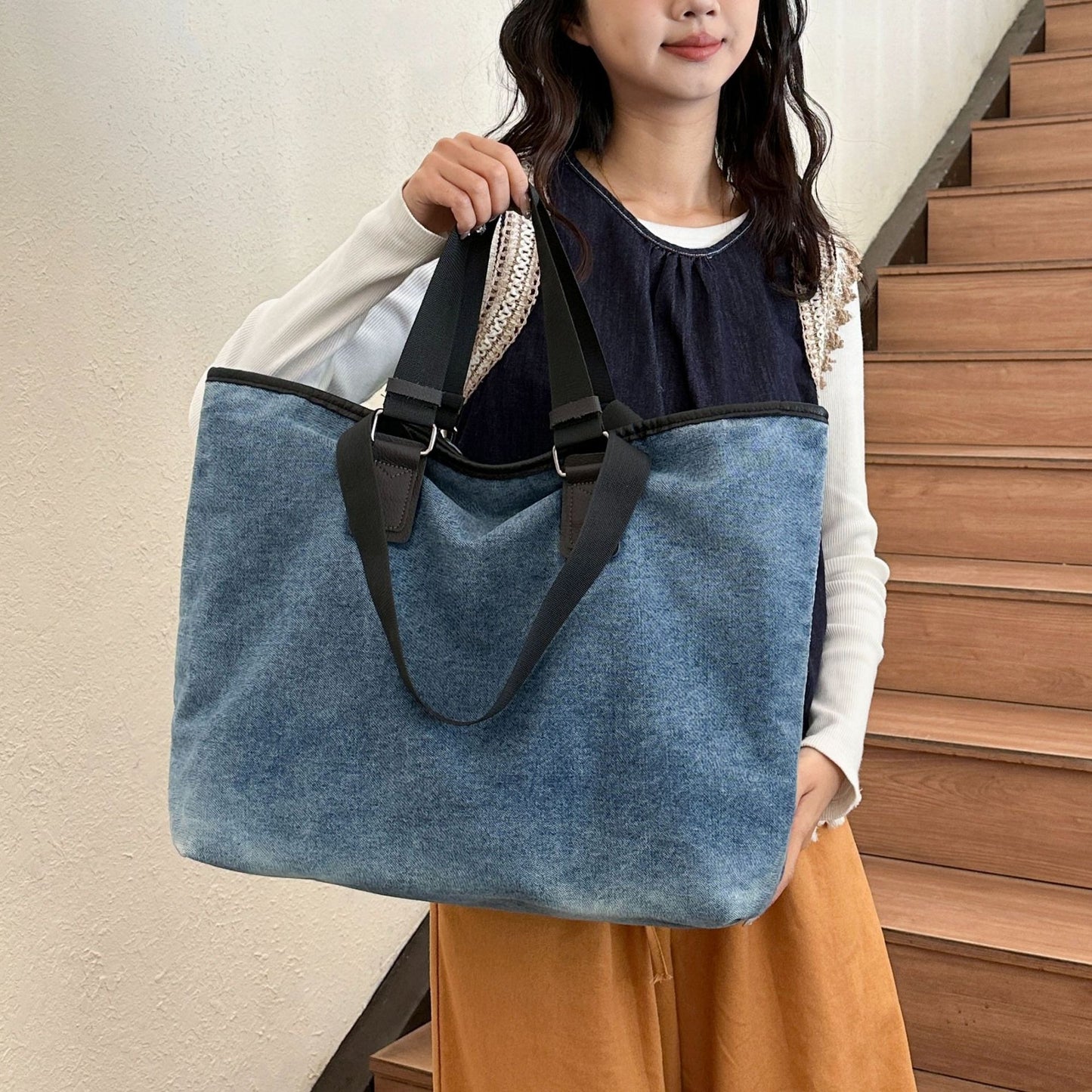 Large capacity denim tote bag  (Hand or Shoulder Carriyng)