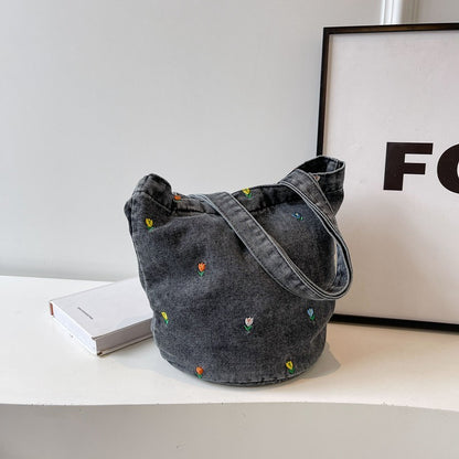 Denim embroidered bucket bag