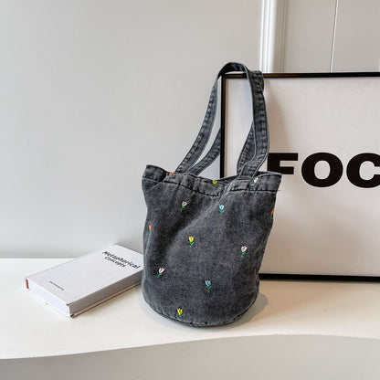 Denim embroidered bucket bag