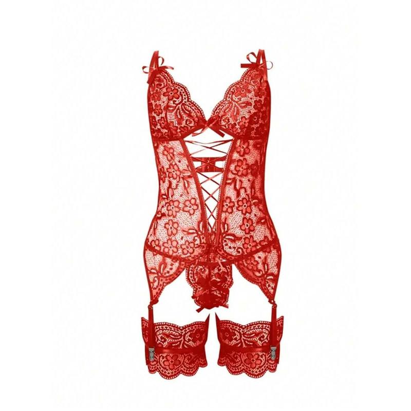 Summer Sexy Women's Lingerie Set, Classic Red Lace Jumpsuit With Anklet, Teddy Bear Doll Intimate Apparel, Sensual Outfit Womenswear Bra Party Piece Sheer Nightwear Sleeve