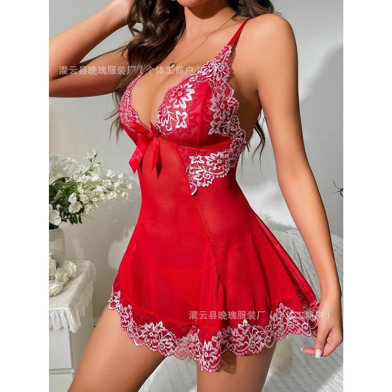 Women’s New Sexy Orange Lace Mesh Lingerie Dress Womenswear Loungewear