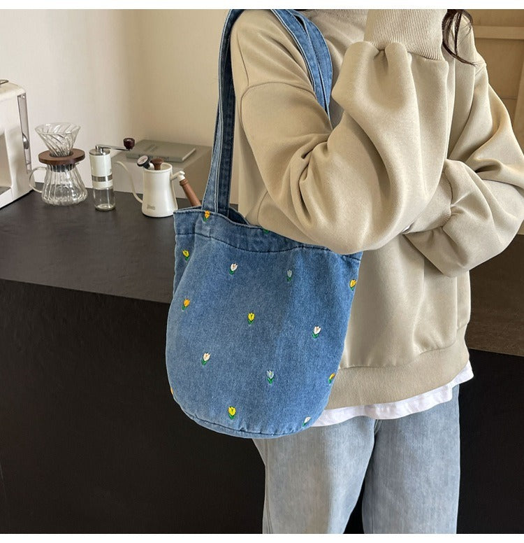 Denim embroidered bucket bag