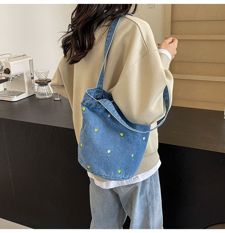 Denim embroidered bucket bag