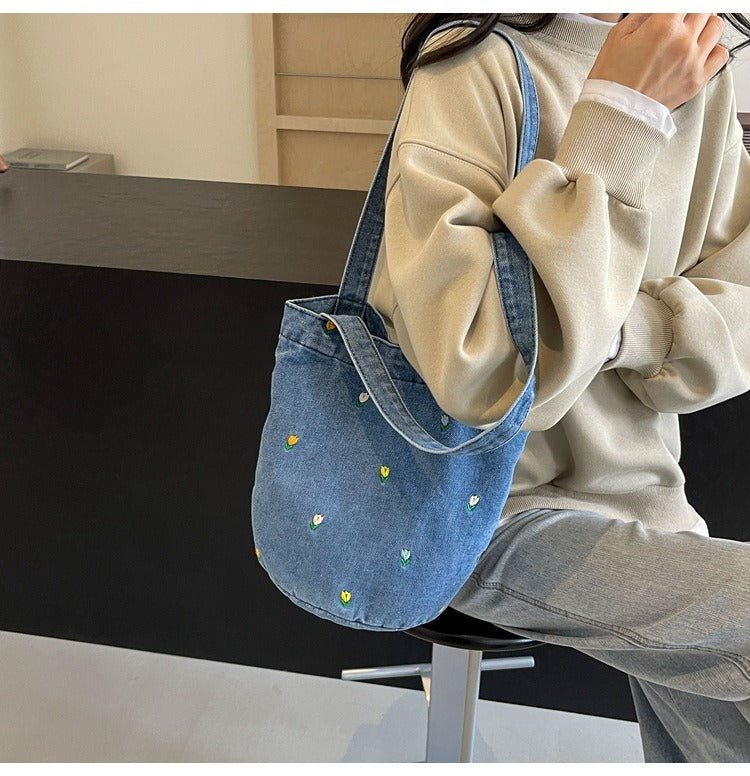 Denim embroidered bucket bag