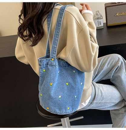 Denim embroidered bucket bag