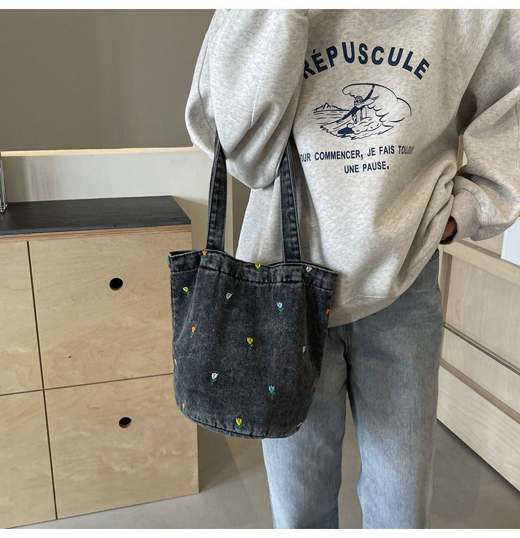 Denim embroidered bucket bag