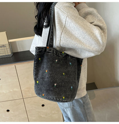 Denim embroidered bucket bag