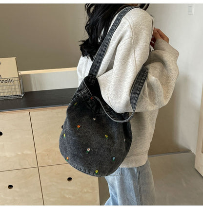 Denim embroidered bucket bag