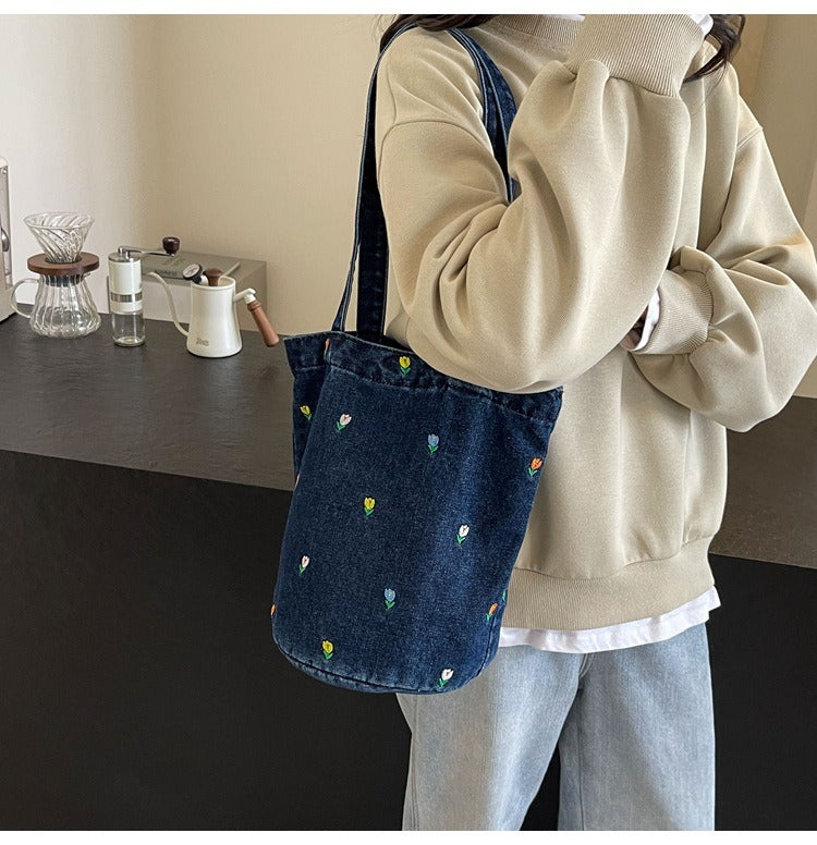 Denim embroidered bucket bag