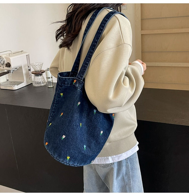 Denim embroidered bucket bag