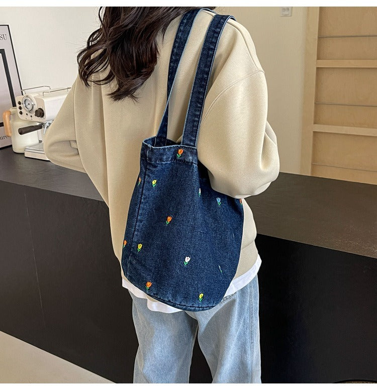 Denim embroidered bucket bag