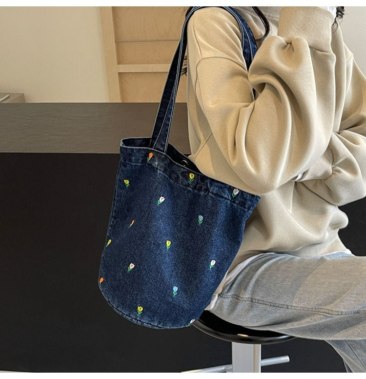 Denim embroidered bucket bag