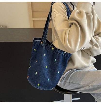 Denim embroidered bucket bag