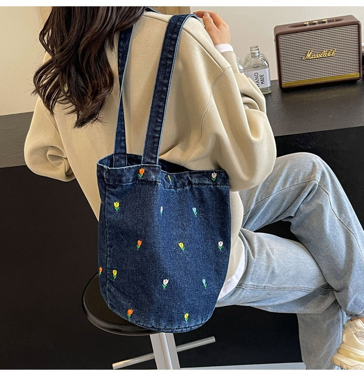 Denim embroidered bucket bag