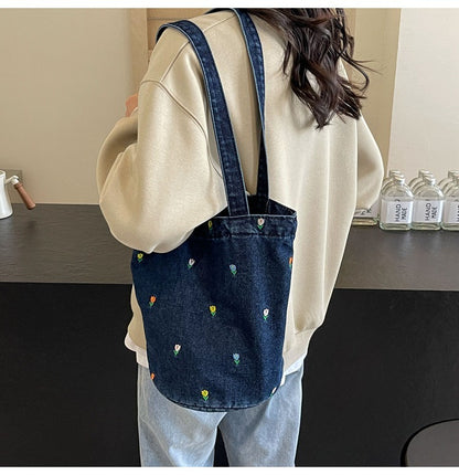 Denim embroidered bucket bag