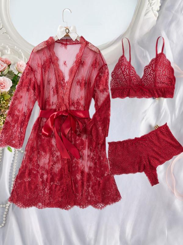 Women's Sexy Robe and Lingerie Set 3 Pieces, Long Sleeve Sheer Robe with Bra and Shorts, Gift with Waist Ribbon for All Seasons