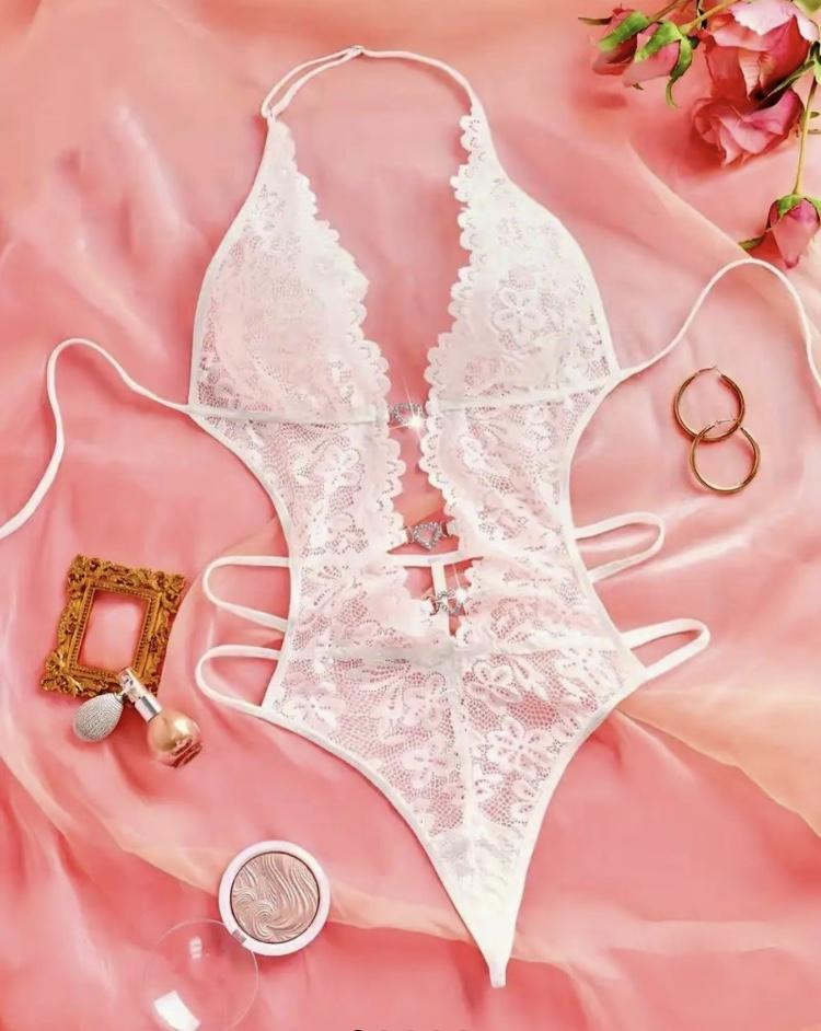 Ugreat Women's Floral Lace Rhinestone Ring Linked Sheer Teddy Bodysuit, Sexy fashion Contrast Lace Tie Backless Bodysuit for Daily Wear, Women's Lingerie for All Reasons Black Fabric