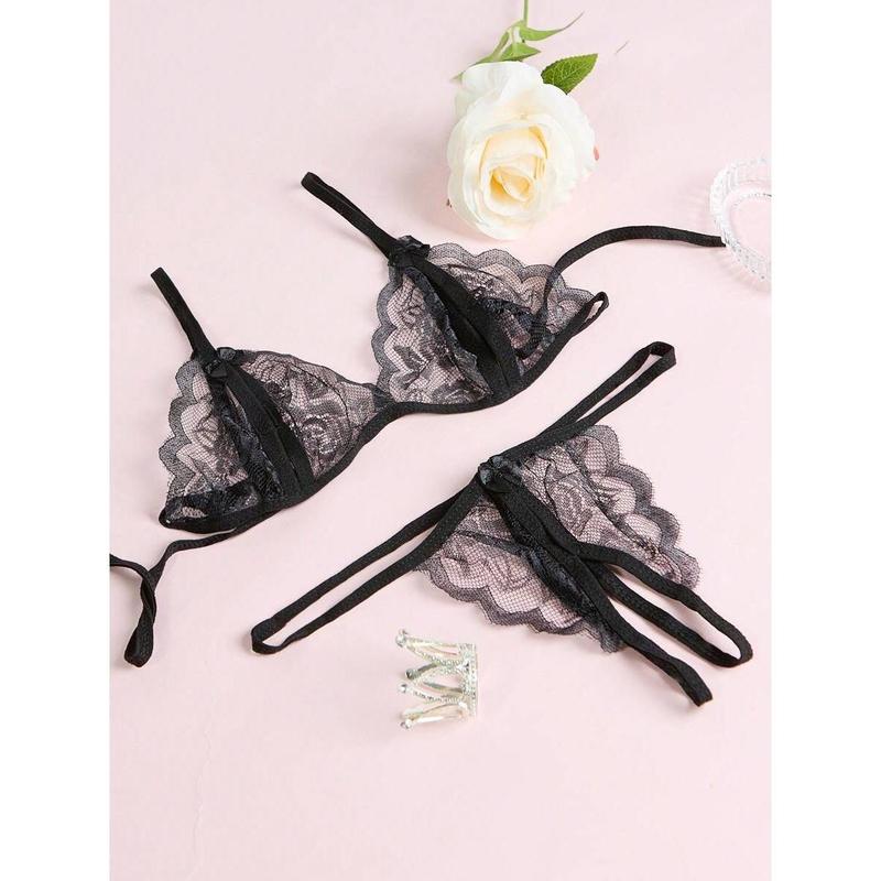 3 Pieceslingerie Set Solid Color V-Neck Lace Floral Fashion Design Lingerie Set, Bra And Open Lingerie, Couple Date, Halloween, Christmas, Valentine's Day, Girlfriend Gift, Free Temptation Set White Black Womenswear Red Fabric Casual Basic Minimalist