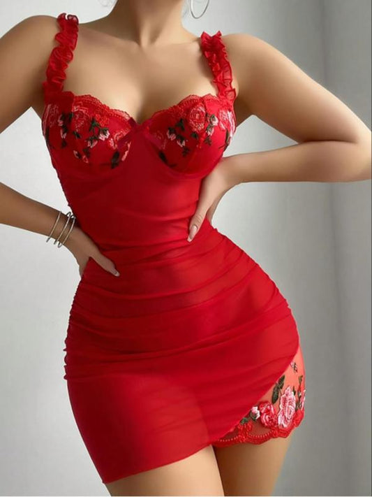 Women's Floral Embroidery Sexy Cami Nightdress & Thong Sexy Lingerie Set, Chic Nighty Dress & Panty Two-piece Set, Ladies Summer Sleepwear