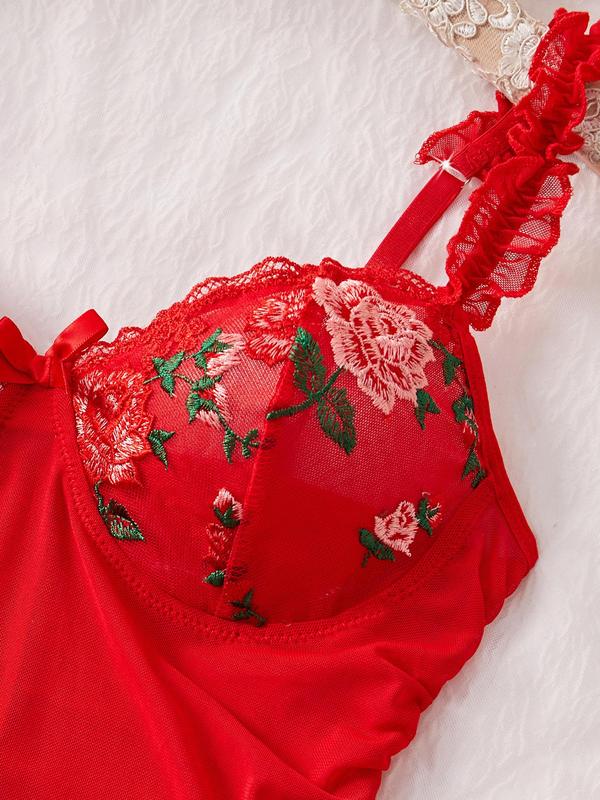 Women's Floral Embroidery Sexy Cami Nightdress & Thong Sexy Lingerie Set, Chic Nighty Dress & Panty Two-piece Set, Ladies Summer Sleepwear