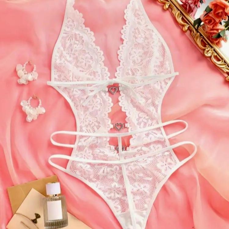 Ugreat Women's Floral Lace Rhinestone Ring Linked Sheer Teddy Bodysuit, Sexy fashion Contrast Lace Tie Backless Bodysuit for Daily Wear, Women's Lingerie for All Reasons Black Fabric