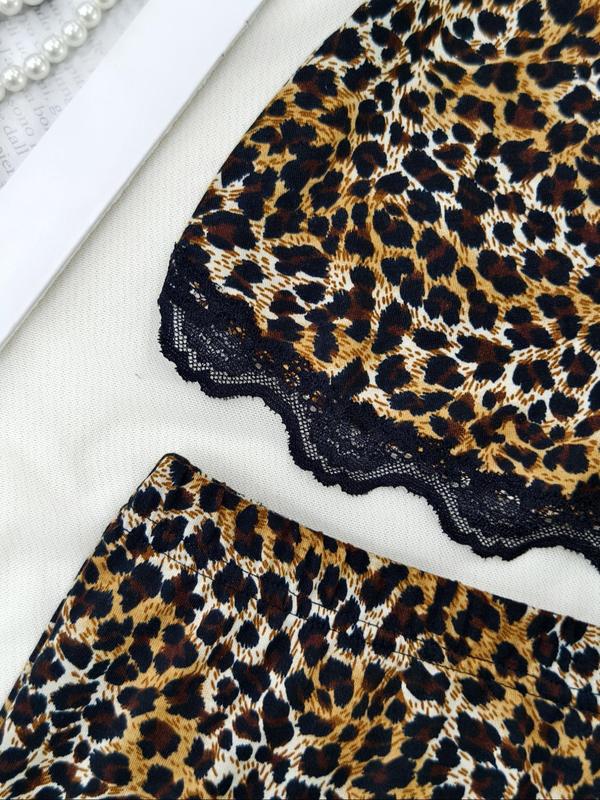 Women's Leopard Print Cami Top & Shorts Pyjama Two-piece Set, Sexy Comfy Sleepwear Set for Women, Women's Sleepwear for Summer