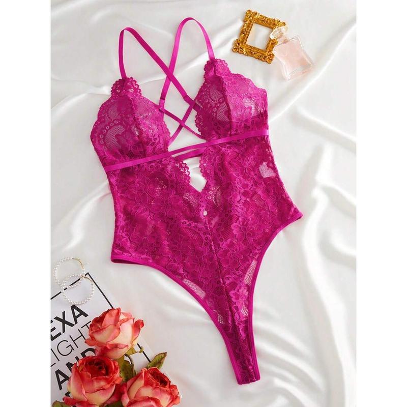 Floral Lace Criss Cross Plunging Neck Backless Teddy Bodysuit Lingerie Fabric Strap