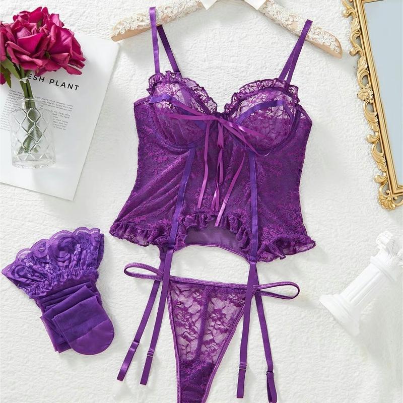 Women's Adjustable Strap Backless Lace Lingerie Set, Tie Front Cami Top & Sheer Thong $ Ruffle Stocking Set, Lingerie for Women, Underwear for Women, Back To School Wear, Women's Lingerie & Underwear for Summer, Underwear Sets for Women