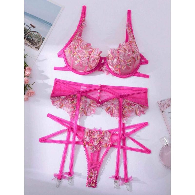 Women's Sexy Lingerie Mesh See-Through Camisole Shape 3 Pcs Set Polyester Womenswear Red