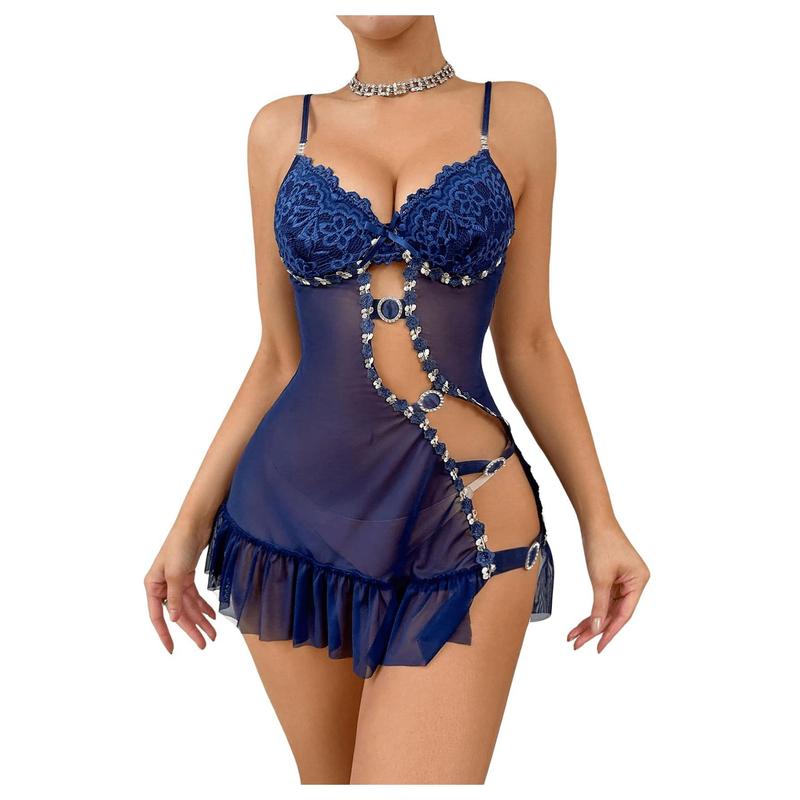 Lingerie Dress Floral Lace Asymmetrical Split Cut Out Sheer Mesh Babydoll Lingerie Sleepwear Nightwear Comfy