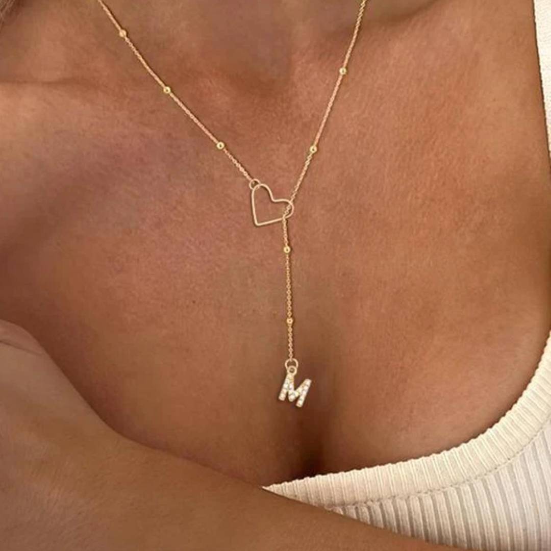 Initial necklaces for Women, Dainty Gold Letter Drop Necklace with Heart 14K Gold Plated