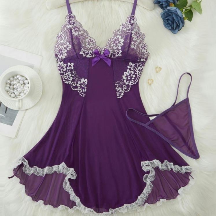 Ugreat Women's Contrast Lace Bow Decor Cami Nightdress with Thong, Comfort Night Gown for Women, Spaghetti Strap Backless, Elegant & Silky Design Green Glam Womenswear Loungewear Fitted Sleeveless Nightwear  night gown women Homewear Minimalist